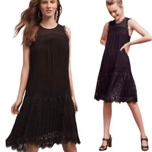 Anthropologie Black Lace Dress Drop Waist Pleated Floreat